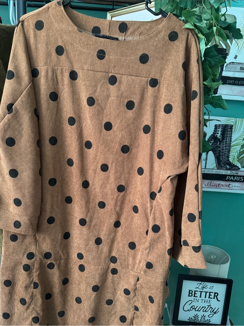 Polka Dot Long Sleeve Shift Dress in Brown